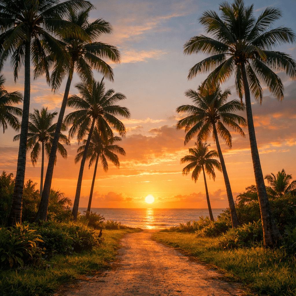 Sunset over ocean viewed through palm tree-lined sandy path