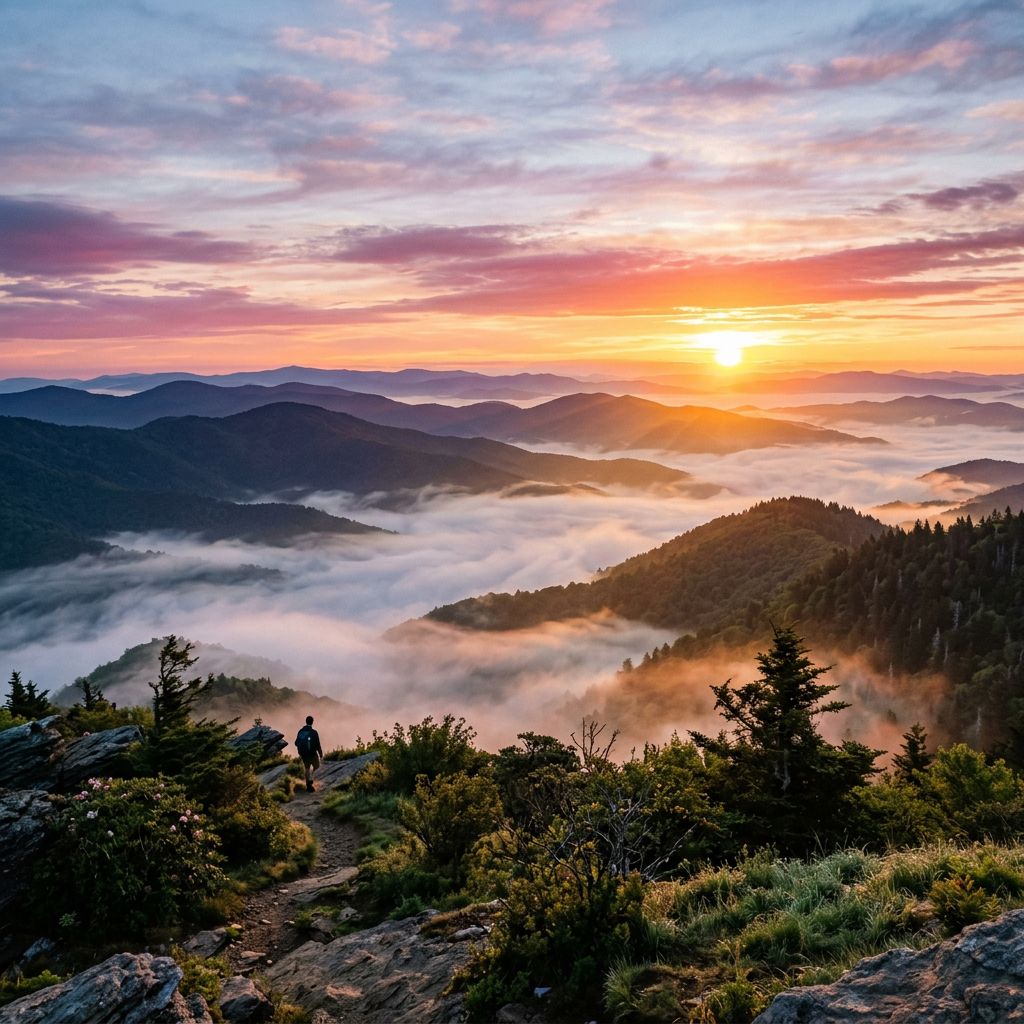 Hiker walking on mountain trail with sun rising behind misty mountain ridges